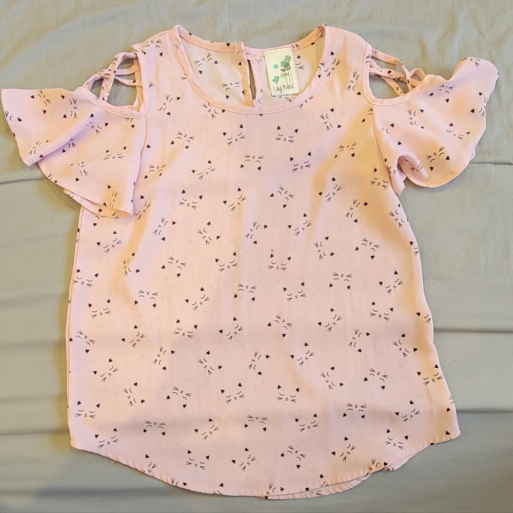 Girls Lily Bleu Pink Kitty Print Blouse Size Large 14